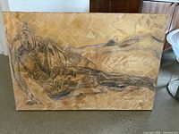 Full view of the original monochrome artwork showing reclining nude male figure on wood panel