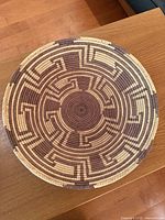 Top view of circular coiled Pima basket showing full geometric pattern