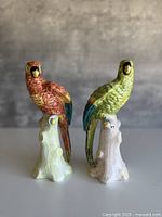 Front view of both ceramic parrot figurines
