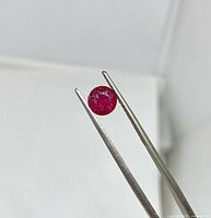 Round red ruby held by tweezers, frontal view