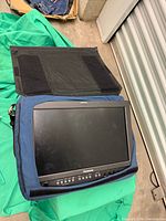 Front view of Panasonic BT-LH1700WP monitor in blue Porta Brace case