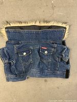 Denim dog jacket front view showing pockets, snaps, faux fur collar