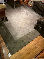 Full view of rug on floor showing overall coloration and border