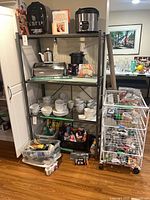 Full view of Origami shelf, rolling drawer cart and paint supply bins