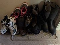 Overall view of all footwear on boot tray, low light
