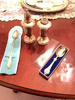 All items grouped on tabletop: Tiffany spoon with sleeve, two sterling shakers, boxed Eastern Star spoon