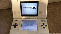 Console powered on showing Nintendo DS startup screen