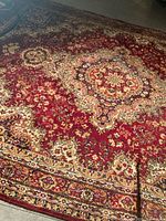 Full view of red Persian-style rug showing central medallion and border design