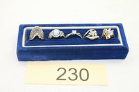 Five rings on blue velvet holder, overall view