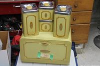 full set showing bread box base with three tall canisters and two small drawers on top