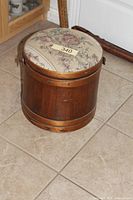 Firkin closed showing floral lid and wood body