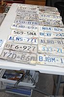 Tabletop view showing multiple Ontario and Quebec license plates