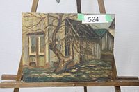 Front view of oil painting on easel showing composition and condition