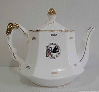 Front view of Royal Stafford Rebekah teapot showing R motif, spout, handle, lid