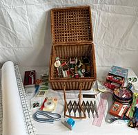 Overview of basket, threads, scissors, rulers, zippers, notions