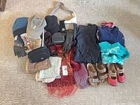 Overall layout showing all footwear, clothing, accessories