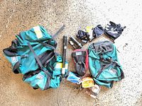 Group view of all panniers, accessories, pump, lock, gauge, gloves