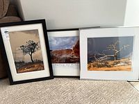 Three framed photographs leaning against wall