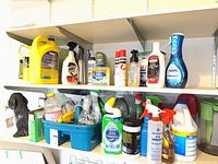Shelves holding numerous cleaning products, blue caddy, dog statue