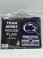 Retail packaged Penn State house flag front showing product info and logo