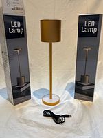 Two boxed matte gold LED table lamps with one lamp displayed and USB cable shown
