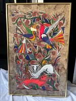 Front view of framed amate bark painting showing full artwork