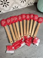 Full set of ten red silicone spatulas laid out showing fronts and tags