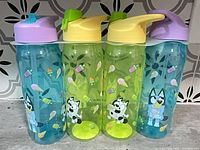 Front view showing all four Bluey water bottles