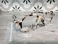 Front view tortoiseshell hexagonal reading glasses on bag marked See Life