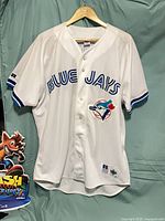 Front view of jersey on hanger showing wordmark and logo