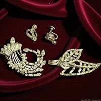 Brooches and earrings arranged on burgundy fabric