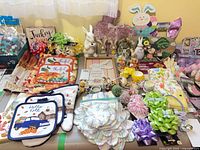 Overall view of assorted Easter and autumn items laid on table