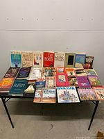 Tabletop view showing all books standing and lying flat