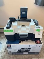 Top view of Hoover ONE PWR vacuum showing battery, hose, dimensions note