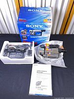 Camcorder, accessories, manual, and box overview