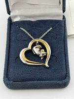 Pendant necklace in box, close view showing two-tone heart and Eeyore figure