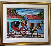 Front view of framed oil painting showing horse and buggy street scene