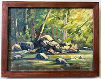 Frontal view of framed landscape oil painting