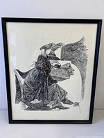 Full view of framed pen and ink artwork