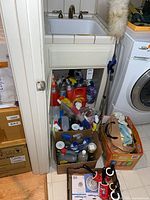 Cabinet and boxes filled with assorted cleaning bottles and detergents