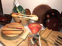 Overall view of boards, trays, bowls, utensils