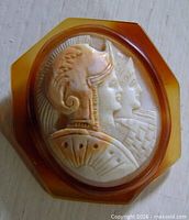 Front view of cameo brooch showing Venus and Mars relief and amber resin setting
