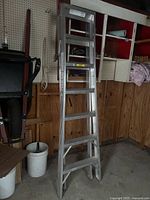 Full view of aluminum ladder leaning against wall