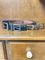 Five belts laid out showing buckle styles and colors