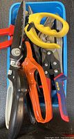 Top view of five snips and shears in blue tray