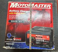 Front of boxed MotoMaster 75/12/2 A 12 V battery charger
