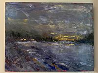 Frontal close view of entire painting showing colors, texture and artist signature