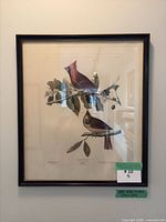 Close view of framed lithograph showing cardinals, mat, and frame