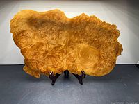 Front view of burl wood platter on stand showing grain and shape