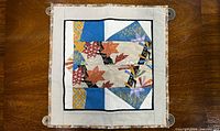 Full view of patchwork table mat showing overall design and coin corners